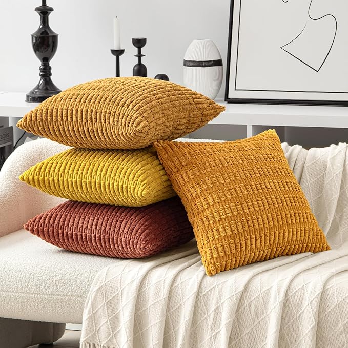 MIULEE Pack of 4 Fall Boho Farmhouse Orange Yellow Corduroy Decorative Throw Pillow Covers 18x18 Inch Soft Striped Pillow Covers Modern Rustic Home Decor for Sofa Living Room Couch Bed
