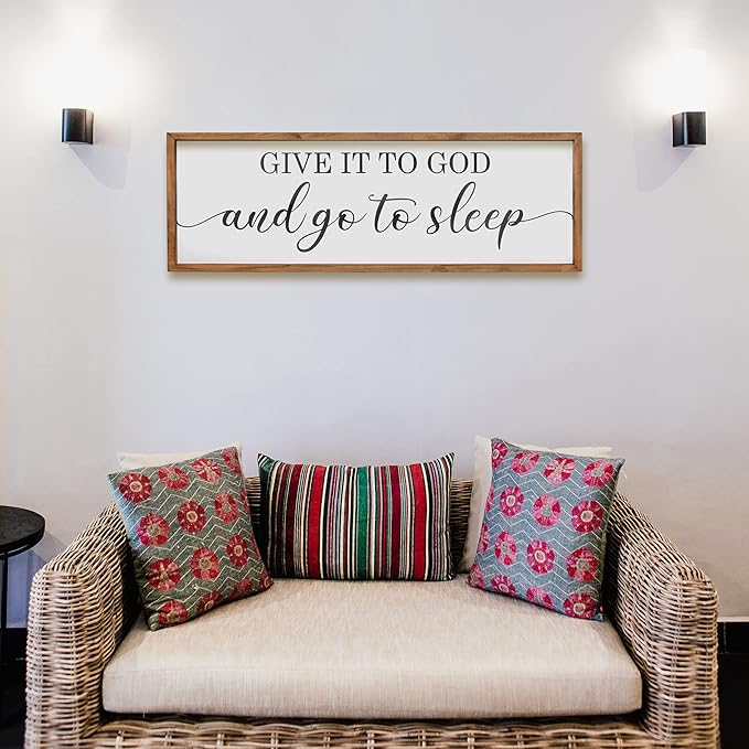 Houmury Framed Give it to God and Go to Sleep Signs 48"x16" Above Bed Wall Decors Wall Art for Bedroom Wood Signs (48 x16 inch, Brown)