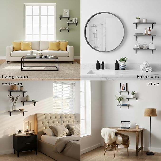 Reinforced Steel Bracket Grey Bathroom Shelves - Easy to Install, Template and Video Included - Gray Shelves for Wall, Grey Shelf