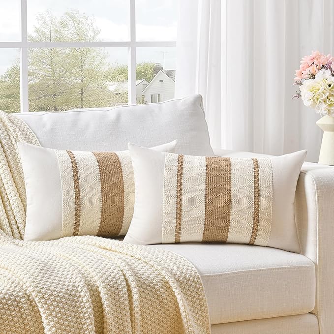 Fancy Homi Set of 2 Boho Neutral Long Lumbar Decorative Throw Pillow Cover 12x24 Inch for Couch Bed Sofa Chair, Modern Organic Farmhouse Home Decor, Soft Cotton Cute Accent Tan Rectangle Cushion Case