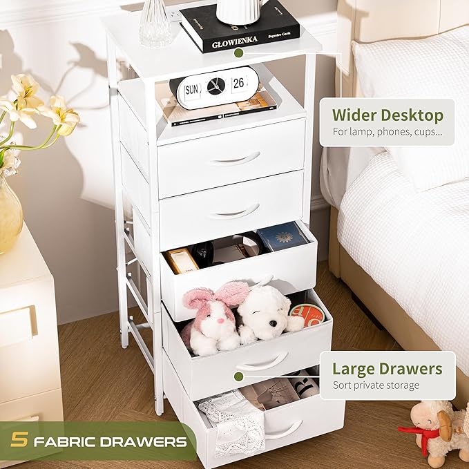 Yoobure 5 Drawers Dresser for Bedroom, Tall Nightstand with Charging Station, Fabric Dresser for Closet with Storage Shelf, Vertical Dressers Chest LED Night Stand, Bedside Table for Dorm Living Room