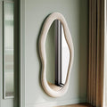 Honyee 55" x 24" Wall Mirror, Flannel Wrapped Wooden Frame Wavy Mirror, Irregular Mirror Hanging for Cloakroom/Bedroom/Living Room, Ivory White