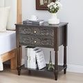 Nightstand, Farmhouse Bedside Table with 2 Drawers and Open Shelf, Wood Sofa Side Table End Table Accent Dresser for Bedroom, Living Room (with Shelf, Black Brown)