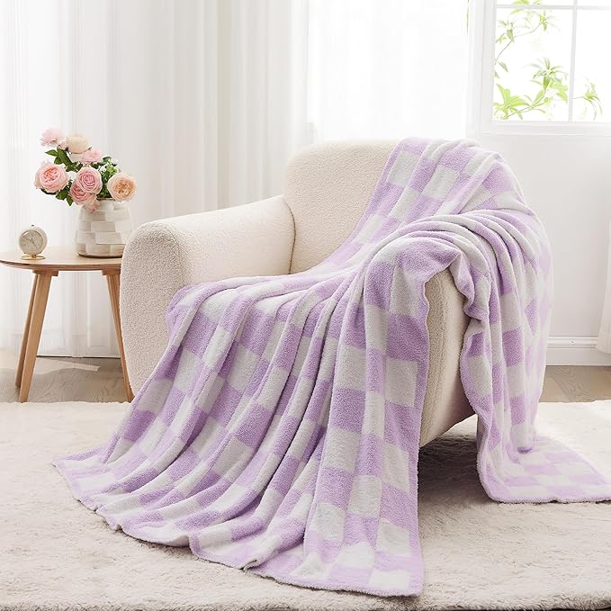 JOOJA Soft Cozy Checkerboard Lilac Blanket Fluffy Knit Throw Blanket for Couch Plaid Checkered Blanket Lilac 50x60 in