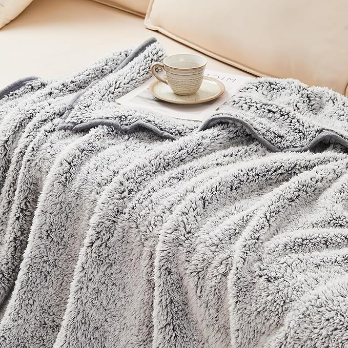 EMME Soft Sherpa Fleece Blanket Reversible Plush Fluffy Large Blanket, Light Weight Warm Decorative Boho Blanket Cover for Sofa, Couch, Bedroom,Travel(Plush Grey,108"x90")