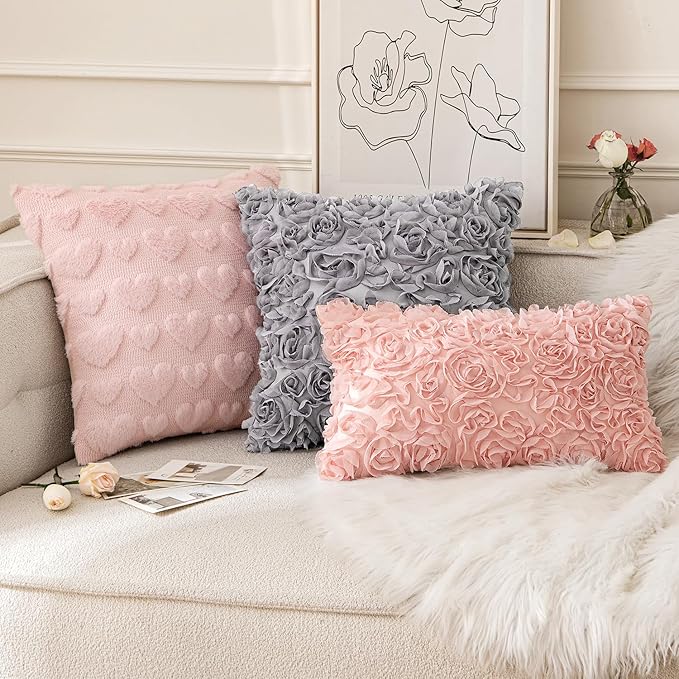 MIULEE 3D Rose Flower Pillow Covers Pack of 2 Decorative Spring Floral Romantic Stereo Chiffon Aesthetic Solid Pillowcase for Girl Bedroom Living Room Decor 12x20 Inch Peach Pink