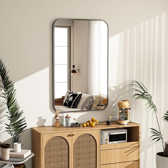 24x36 Inch Bathroom Mirror - Wall Mounted Vanity Mirror with Round Corner Aluminum Alloy Frame, Hanging Horizontally Vertically for Living Room, Bedroom, Hallway as Home Decor, Black