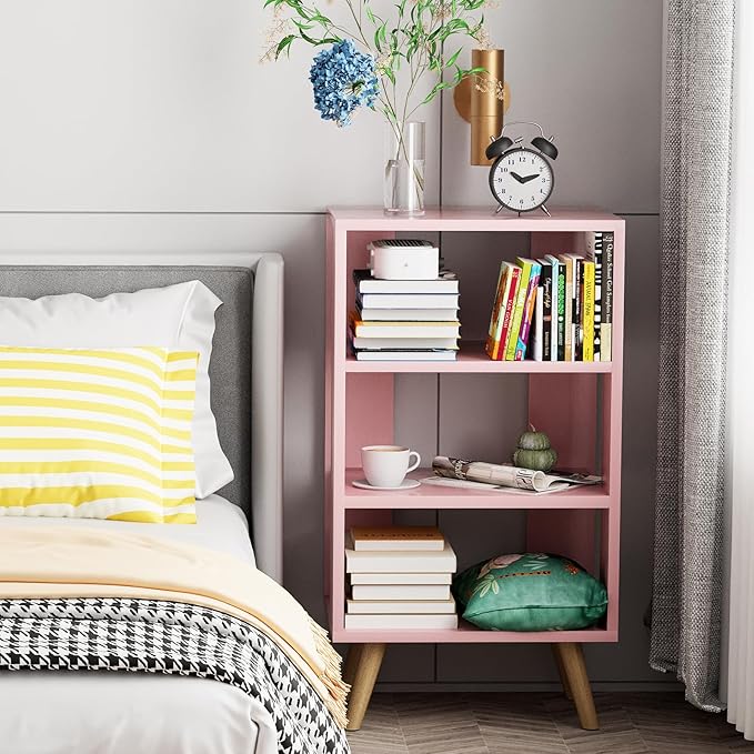 Night Stand, Pink Nightstand, Modern End Table with Open Storage, 3-Tier Wooden Bedside Table for Small Space, Living Room, Bedroom