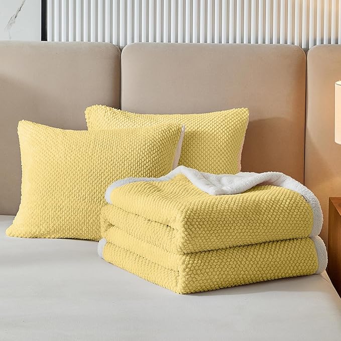 Luxury Flannel Fleece Sherpa Blankets Twin Size for Bed, Jacquard Boho 3-Layer Thick and Warm Blanket for Winter, Soft Cozy Fuzzy Plush Velvet Blanket with 2 Pillow Cases, Yellow, 68x86 Inches
