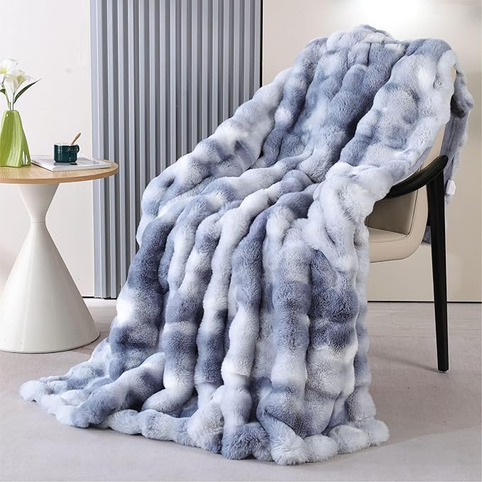 Tie-Dye Blue Faux Fur Throw Blanket for Couch, Double-Sided Bubble Textured Plush Throw with Soft Flannel Back, Machine Washable, 60 x 80, 860 GSM