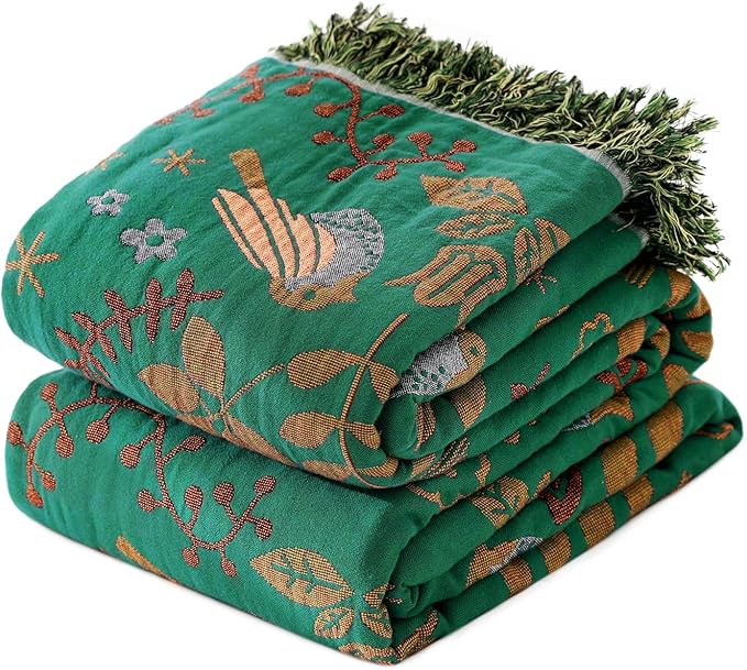 MSGKV Cotton Bed Blanket for Couch and Sofa Blankets for Living Room Bedroom Floral and Birds Throw 80"x90" Spring Breathable Cozy Boho Blankets