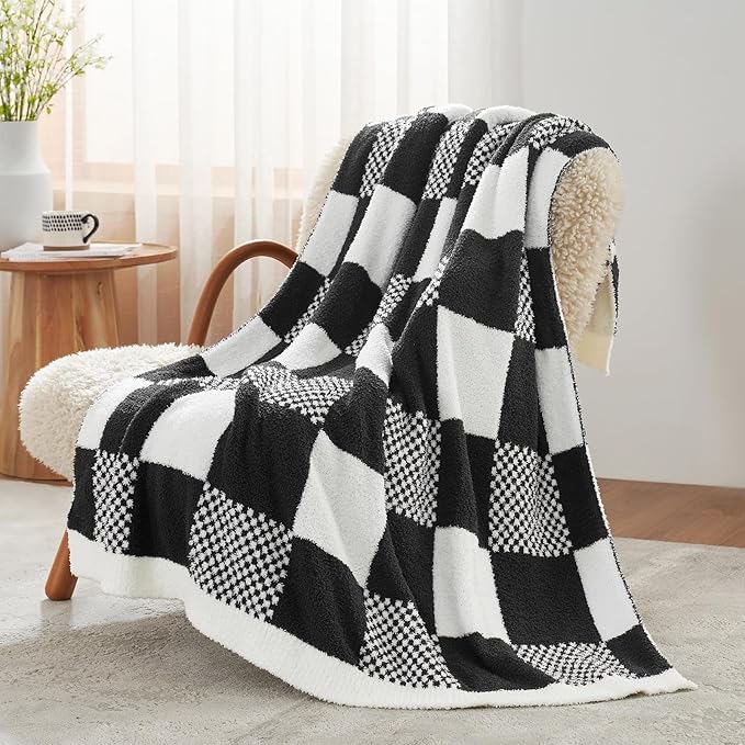 Snuggle Sac Checkered Blanket, Black White Throw Blanket for Couch Plaid Microfiber Fluffy Warm Fuzzy Cozy Soft Throw Blanket Reversible Checkerered Blankets for Sofa, Chair, Bed, Twin(60"x80")