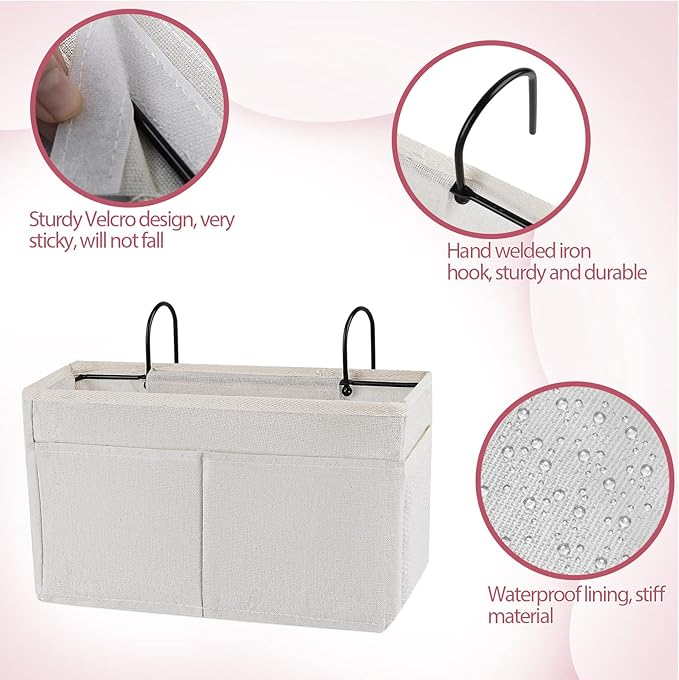 Bedside Caddy Hanging Storage with Water Bottle Holder for Bunk Bed Hospital Bed Dorm Rooms (White)