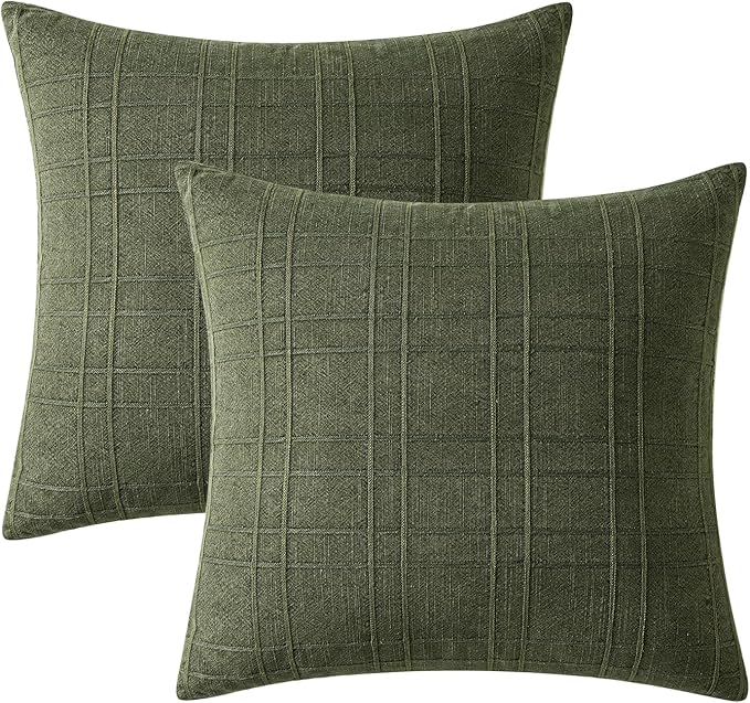 MIULEE Decorative Linen Check Throw Pillow Covers Neutral Farmhouse Vintage Spring Pillow Covers 20x20 Set of 2 Boho Modern Home Decor for Sofa Couch Bedroom Cushion Dark Olive Green