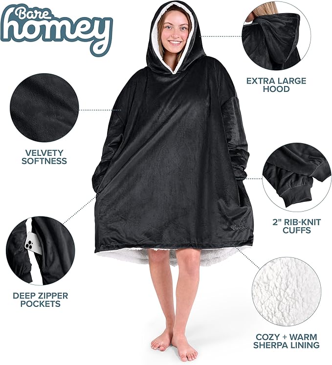 Bare Home Wearable Blanket Hoodie - Soft Plush Sherpa - Warm and Cozy - Oversized Wearable Blanket - Adult & Kid Sizes