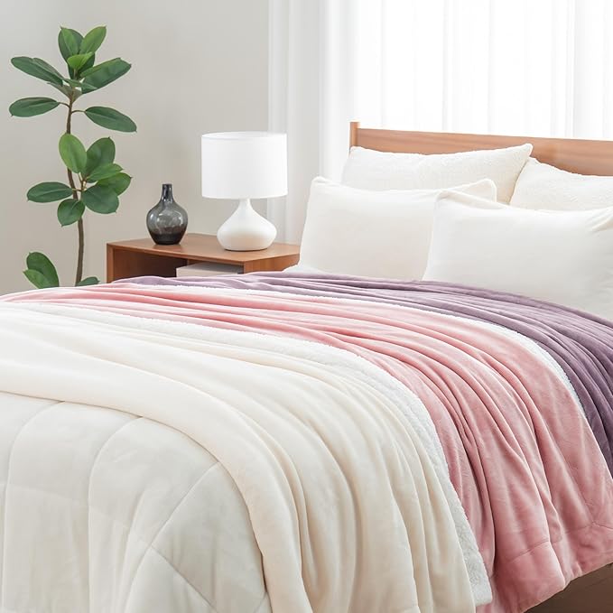 Berkshire Blanket-Sherpa Fleece Blanket, Warm and Soft Loftmink Reversible Blanket for Bed, Sofa and Travel, Cream, 90 in x 108 in