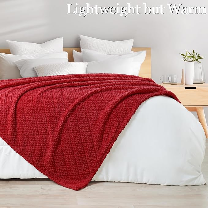 Whale Flotilla Fuzzy Fleece Throw Blanket for Couch, Bed, Soft Fluffy Jacquard Waffle Blankets for All Season, Lightweight and Warm, 50x60 Inch, Red