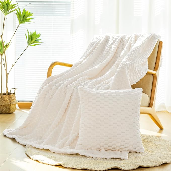 Bnuitland Flannel Throw Blanket, 300 GSM Fleece Cozy Warm Soft Home Decor Lightweight Bed Sofa Blanket for Adults, Suitable for All Seasons(Ivory,50X71 inches with Pillow Cover)