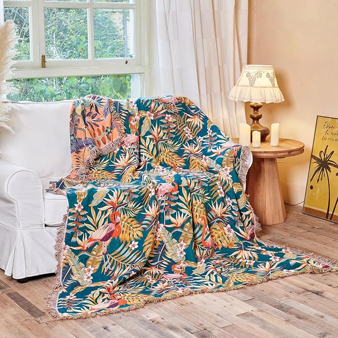 Boho Throw Blanket - 100% Cotton Ultra Soft Muslin Spring Blanket, 50"x60" Lightweight Floral Bird Framhouse Bedding Blanket for Bed, All Season Blue Bohemian Bedroom Home Decor Quilt