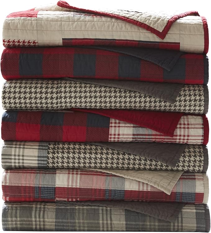 Woolrich Luxury Quilted Throw - Cabin Lifestyle, Patchwork with Moose Design All Season, Lightweight and Breathable Cozy Bedding Layer Throws for Couch Sofa, 50" W x 70" L, Huntington Red