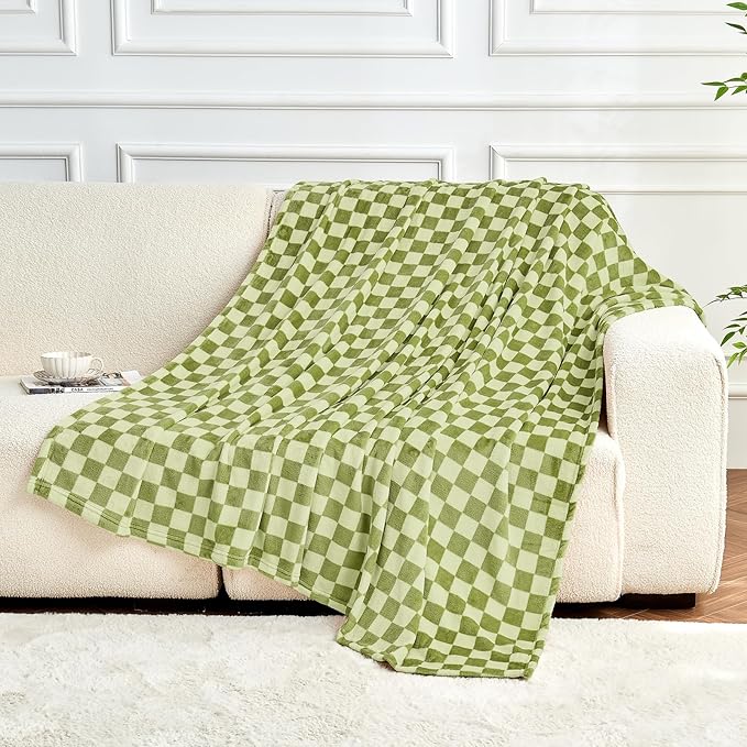 FY FIBER HOUSE Checkered Flannel Fleece Throw Blanket King Size Soft Cozy Checkerboard Grid Print Chessboard Pattern Blankets for Bed Couch Sofa, 90"x108", Sage Green