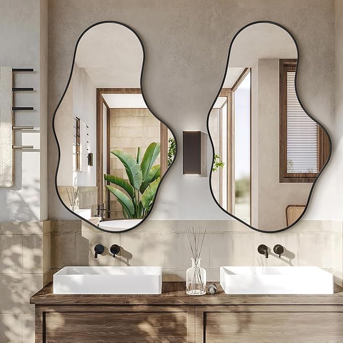 Irregular Wall Mirror - Wall Mirrors Decorative 24"x 40" Asymmetrical Abstract Mirror Aviation Aluminum Alloy Frame Unique for Bathroom, Bedroom, Living Room, Cloakroom, Entryway Black