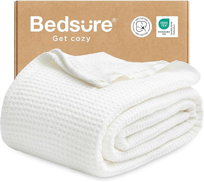 Bedsure Gentlesoft 100% Cotton Throw Blanket for Couch 50x70 inches - Cooling Breathable and Soft for Spring Summer, Waffle Weave Throw Blanket for Office, White