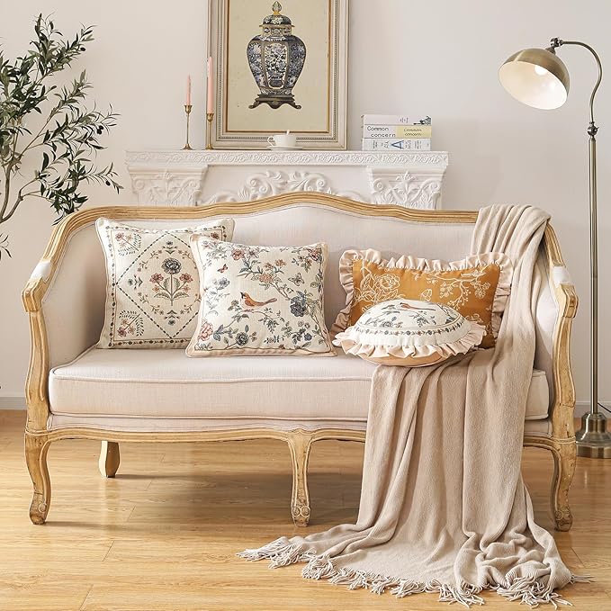 ISAENNE Design Square Floral Bird Linen Throw Pillow Covers 18"x18" Pack of 2, Yellow Pink Cushion Covers with Flower Chinese Hwamei Decor Pillowcases for Bed,Living Room,Outdoor,Car
