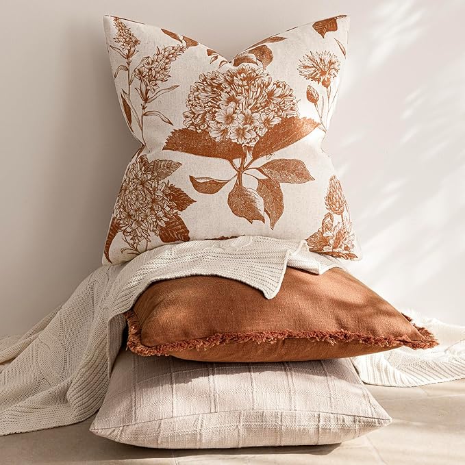 Foindtower Set of 2 Linen Floral Throw Pillow Covers Vintage Accent Print Decorative Cozy Cushion Covers Farmhouse Boho Home Decor for Sofa Chair Couch Bedroom Living Room,18×18 Inch,Autumn Orange