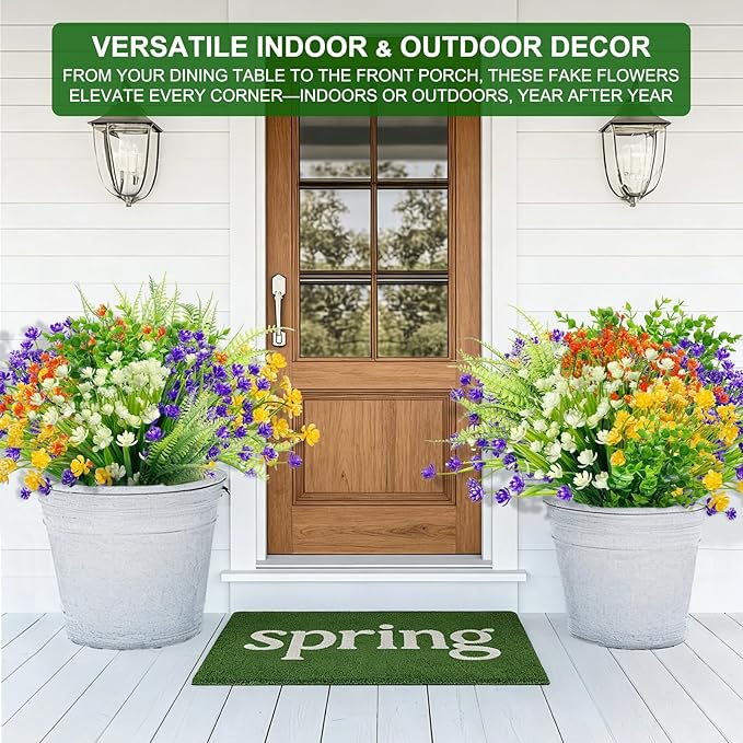 TURNMEON 20 Bundles Artificial Flowers for Outdoors, Spring Grass Camellia Fake Flowers Fern Plants Eucalyptus UV Resistant No Fade Greenery for Garden Porch Indoor Cemetery Summer Decor(Mix 6 Styles)