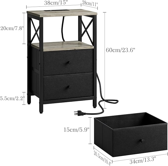Nightstand Set of 2,Nightstands with Charging Station, Small Bedside Table with Storage, End Table with USB Ports & Outlets,with Fabric Drawers,for Couch, Bedroom(Natural Greige) LET105QK-2