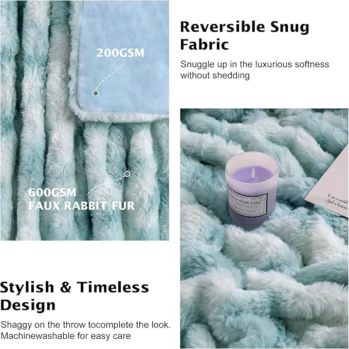Ultra Soft Luxury Faux Fur Twin Blanket for Couch, Fuzzy Fluffy Plush Warm Cozy Ruched Blanket for Sofa Bedroom Living Room, Elegant Gift Idea for Women (60"x80",Tie-dye Freshwater Blue)