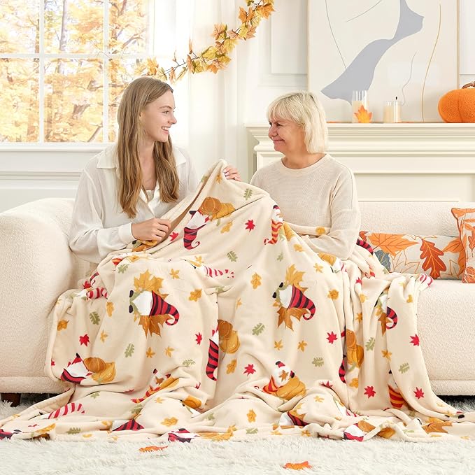 Cozy Bliss Pumpkin Gnome Throw Blanket - Warm MilkyPlush Throw Blankets,Ultra Soft Cozy Blankets for Couch,Sofa and Bed,Beige,60X80inches