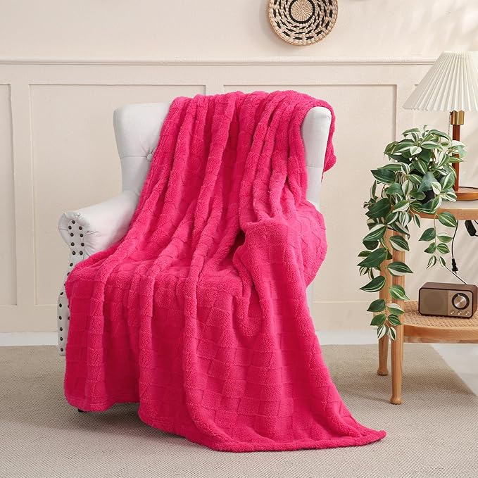 Hot Pink Fleece Throw Blanket 60”×80” for Couch Sofa Bed,Super Soft Cozy Plush Microfiber Flannel Blanket with 3D Checkered Design Lightweight for Adults,Woman,Girls