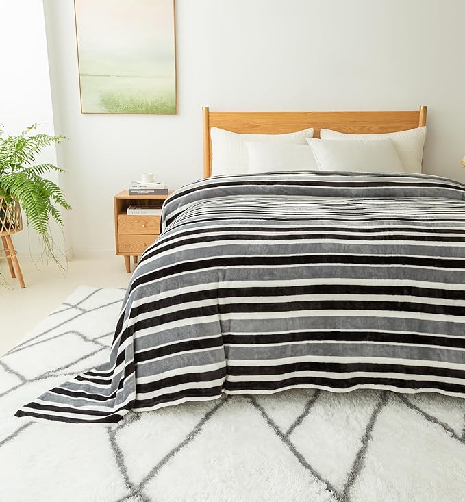 COOVA Oversized King Fleece Blanket 120x120 inches, Soft Cozy Warm Giant Extra Large 10'x10' Blanket for Bed, Sofa, Couch,Travel, Camping, California Huge Flannel Big Throw Blanket, Grey Stripes