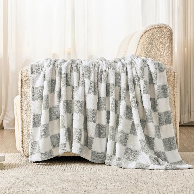 EMME Checkered Blanket Queen Size - 80"x90" Grey Knit Blanket Soft Fluffy Patterned Throw Blankets for Couch, Sofa, Chair, Bed, Camping, Picnic, Travel
