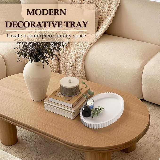 Oval Tray for Coffee Table Decor, 13" Concrete Tray, Table Centerpieces Decorative Trays for Home Decor, Modern Decorative Trays for Coffee Tables, Centerpiece Trays, White