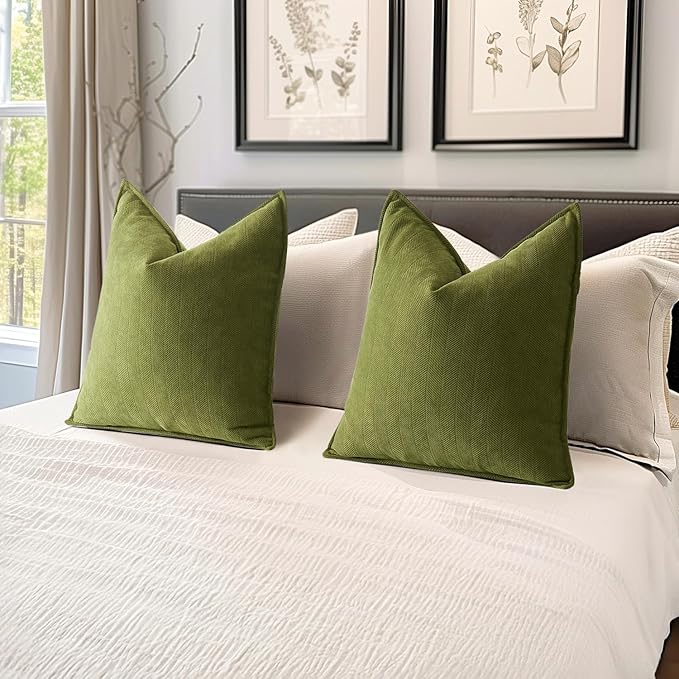 MIULEE Pack of 2 Moss Green Decorative Pillow Covers 18x18 Inch Soft Chenille Luxurious Couch Throw Pillows Farmhouse Cushion Covers with Elegant Design for Sofa Bedroom Living Room Spring Home Decor