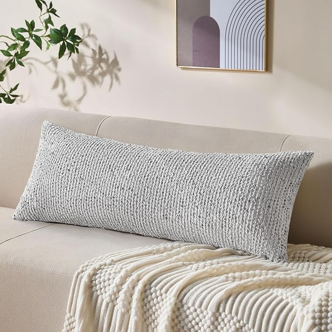 Allorry Decorative Lumbar Pillow Cover 14x36 Blue Striped Wool Long Body Pillow Neutral Textured Boho Lumbar Throw Pillow Cushion Covers for Modern Farmhouse Sofa Bed Living Room Decor SY011-C14