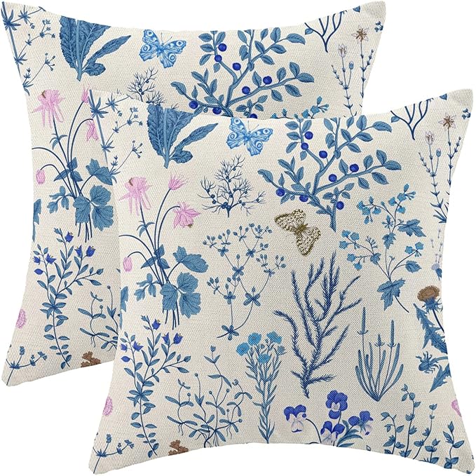 AEIOAE Summer Pillow Covers 18x18 Inch Set of 2,Blue Wild Flower Plant Throw Pillows Case,Seasonal Floral Outdoor Decorative Square Linen Farmhouse Decor Cushion Covers for Home Sofa Bed Couch