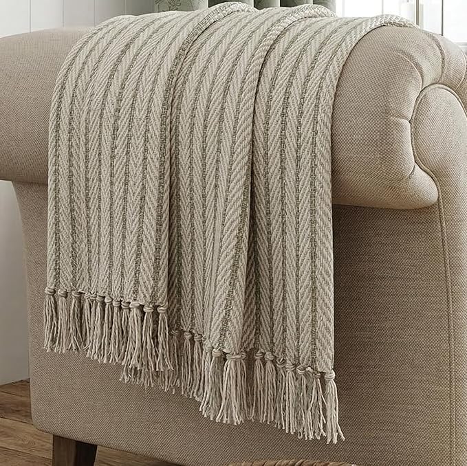 Americanflat 50x60 Throw Blanket - Soft and Breathable Cotton Throw Blanket for Couch, Bed, Chair - Decorative Blankets Perfect for Home, Office, or Outdoor Use - Cream and Beige Pinstripe Design