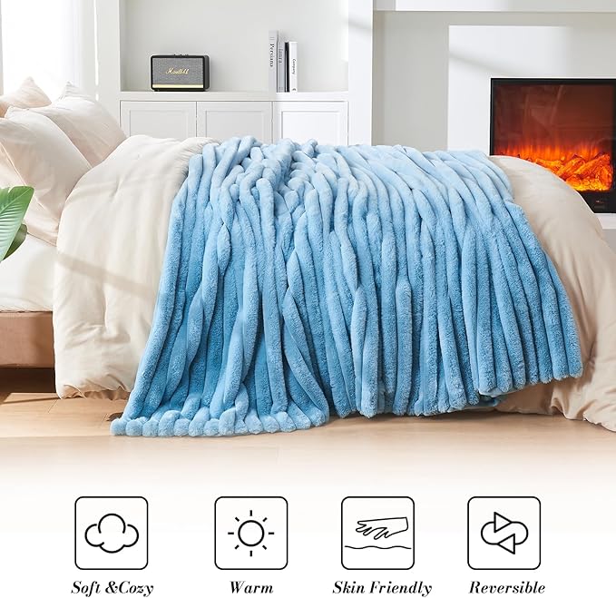 Lotus Karen Faux Fur Twin Blanket for Couch, Cozy Soft Fluffy Fuzzy Blue Blanket, Striped Warm Thick Furry Plush Shaggy Small Blankets for Women, 60x80 Inches