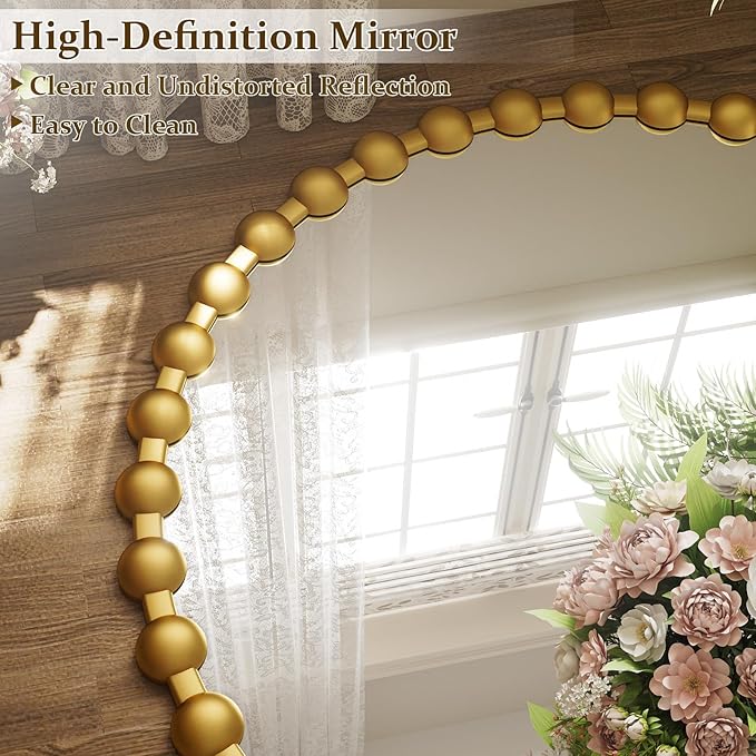 Round Mirror for Wall, 24 Inch Gold Beaded Frame Decorative Vanity Mirror, Circle Bathroom Mirror with High-Definition Lense, Modern Wall Decor for Bathroom, Living Room, Bedroom, Entryway