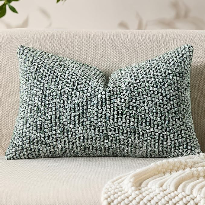 Allorry Decorative Lumbar Pillow Cover 12x20 Green Striped Soft Wool Lumbar Throw Pillow Neutral Textured Boho Cushion Covers for Modern Farmhouse Sofa Bedroom Living Room Decor SY011-D12