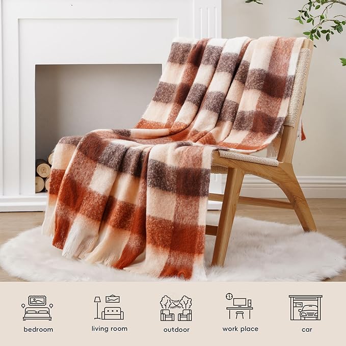 BATTILO Rust Plaid Throw Blanket for Couch Bed, Soft Mohair Tartan Plaid Blanket, Farmhouse Style Checkered Pattern, Fall Throw Blankets for Home Decor(50"x60")