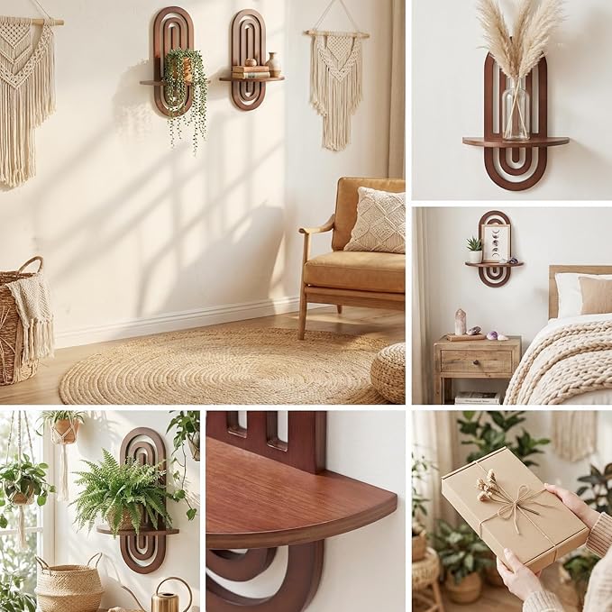 Boho Wall Decor Floating Shelves with Arched Design, Wood Wall Decorative Bohemian Art Display Shelf Set of 2 for Living Room, Bedroom, H 16.7" x W 11.8"