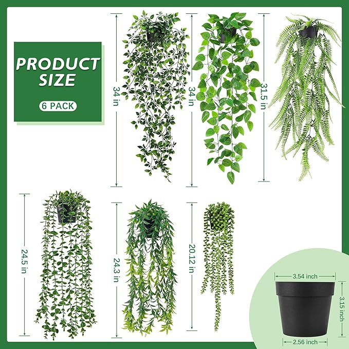 Der Rose 6Pcs Fake Hanging Plants Artificial Vines Faux Hanging Plants Indoor for Bathroom Kitchen Wall Bookshelf Outdoor Decor
