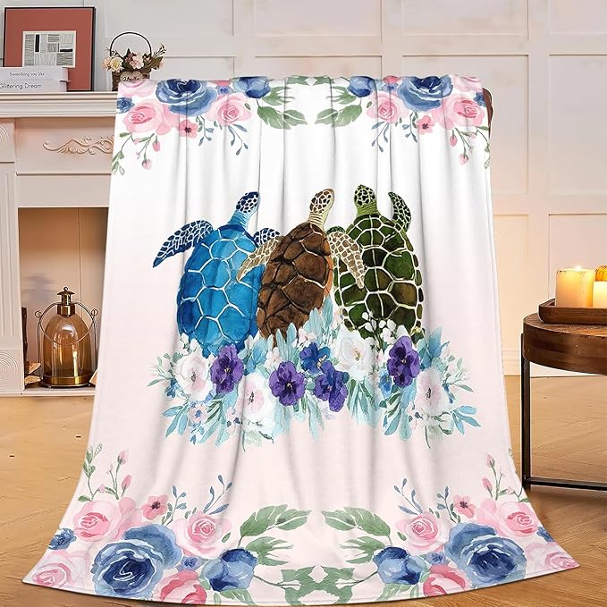 Sea Turtle Throw Blanket - Soft Plush Fleece Ocean Blankets- Cozy Turtle Stuff Gifts for Women Girls Kids 40"X50"