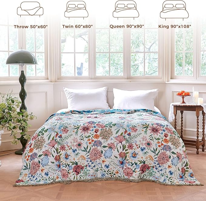 Boho Throw Blanket for Couch Sofa Chair Cotton Spring Blankets for Bedroom Living Room All Season Lightweight Reversible Floral Embroidery Throws 50"x60"
