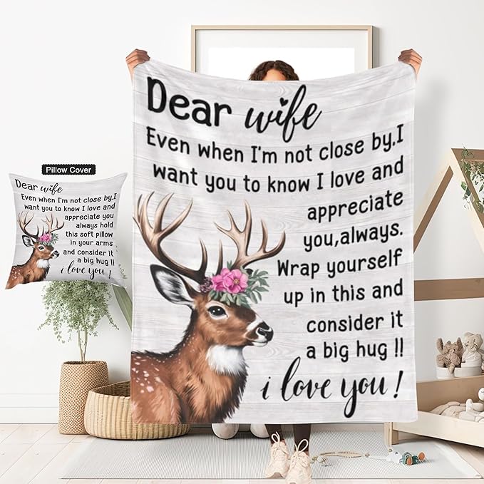 ITFRO Wife Gift Flannel Fleece Throw Blanket Pillow Cover Set 50x60 Inch Ultra Soft Polyester Blanket 18x18 Inch Plush Pillow Case All Seasons for Valentine's Birthday Christmas (Wife)